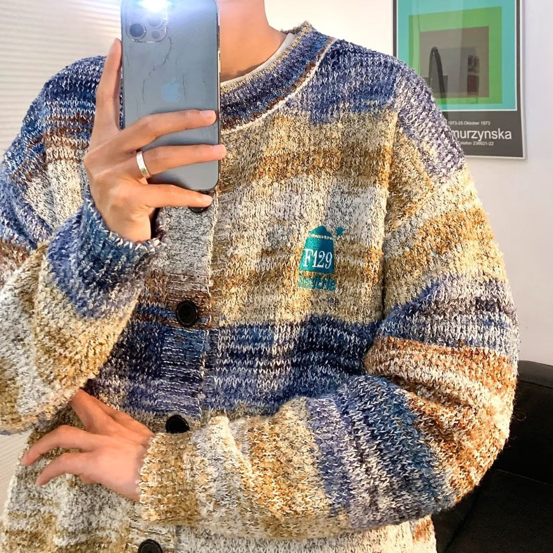 Gradient Contrast Cardigan Sweater Men