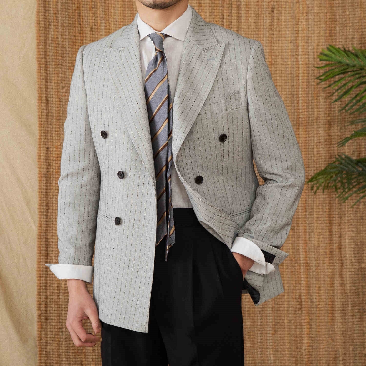 Lightweight Striped Double Breasted Suit Business Casual Suit Coat