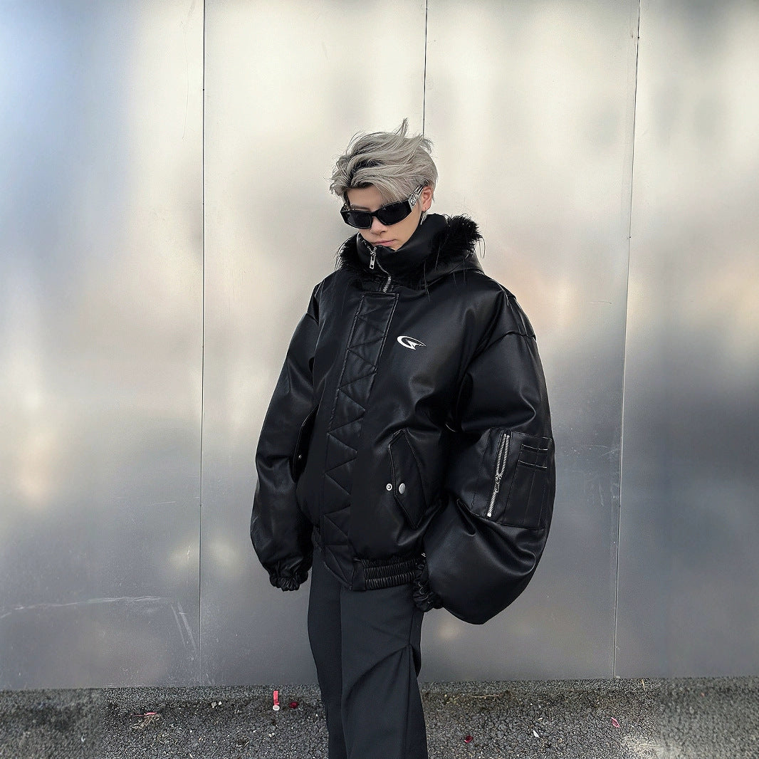 PU Leather Hooded Cotton Coat Jacket