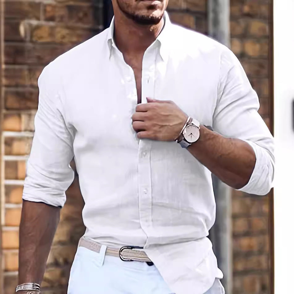 Cotton Solid Color Polo Collar Casual Style Shirt