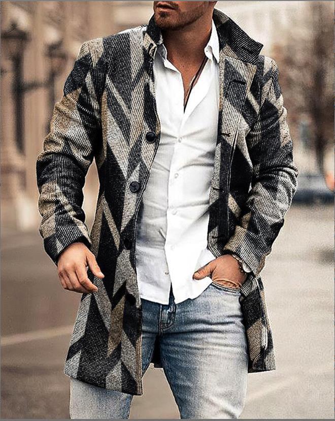 Fall Winter Men Woolen Stand Collar Mid-length trench coat