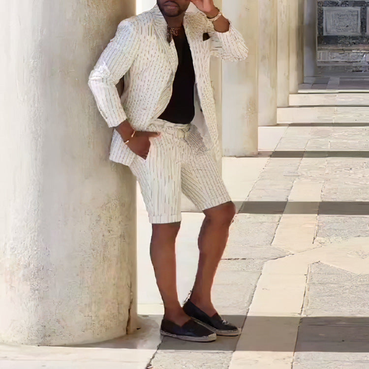 British Style Casual Black Striped Men's Shorts Suit