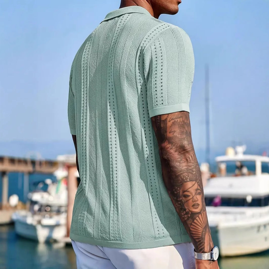 Knitted Cardigan Solid Color Breathable Men's Short-sleeved Shirt