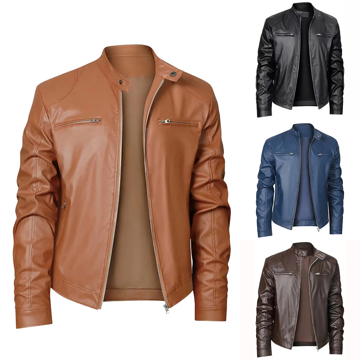Men's Stand-up Collar Slim Fit Leather Zipper jacket