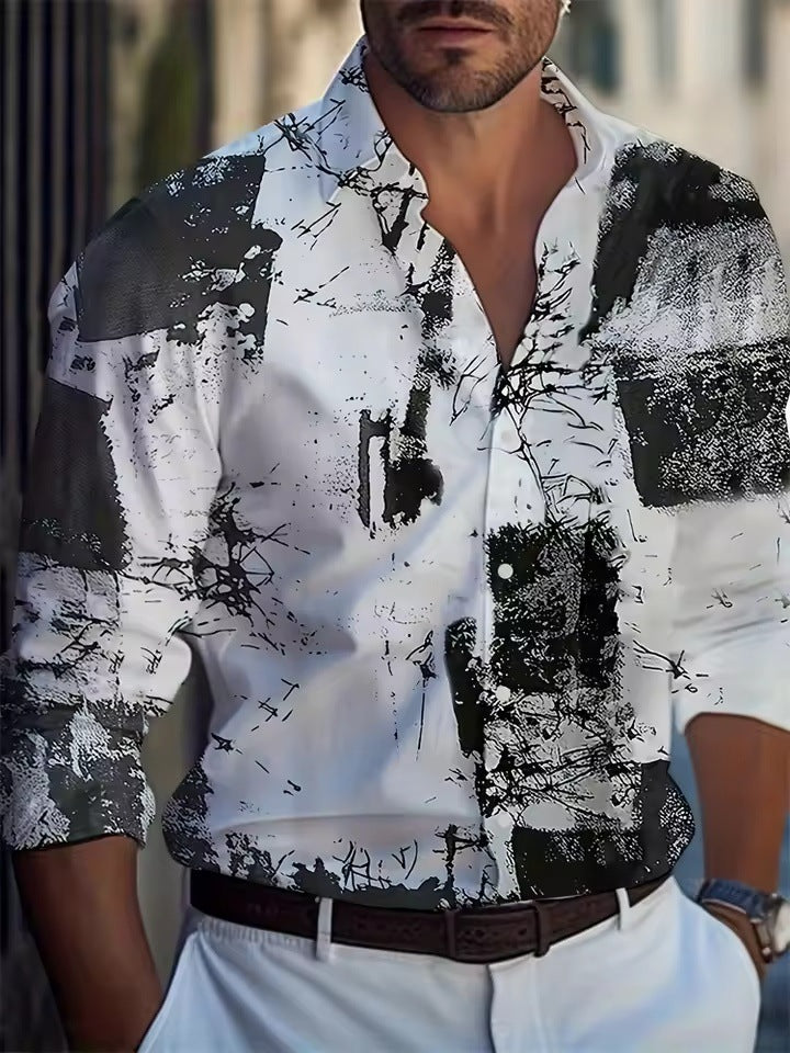 Men's Long Sleeve Palm Tree And Striped Printed Shirt