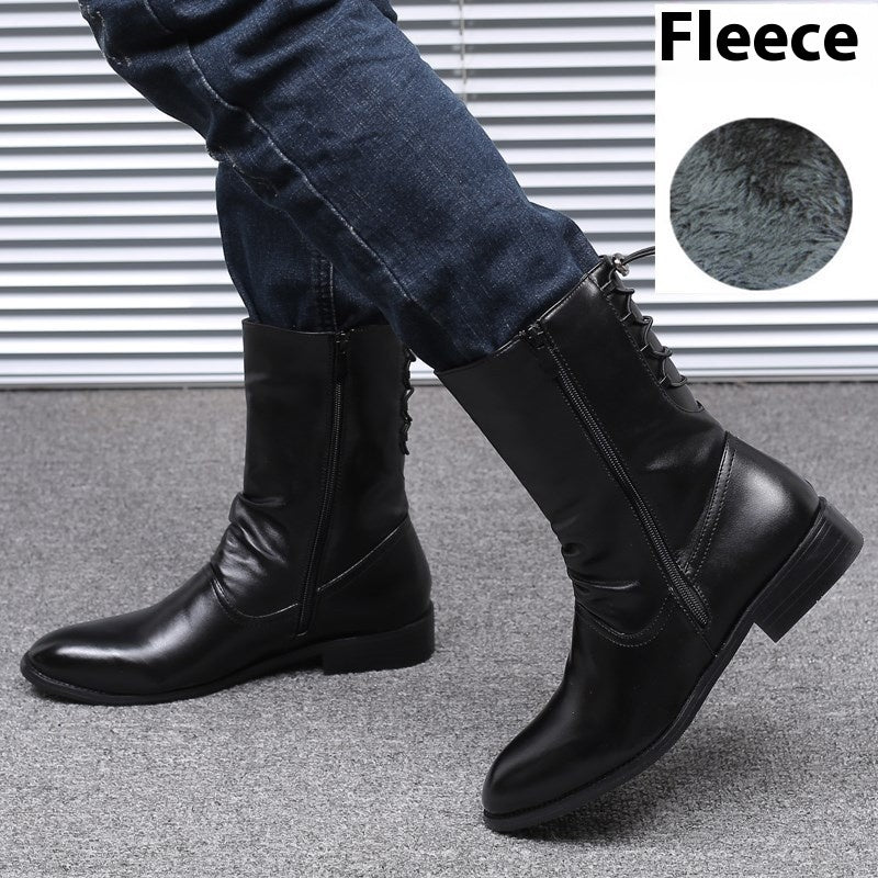 Pointed Leather Boots Men's British Korean High-top Leather Mid-calf Length boots