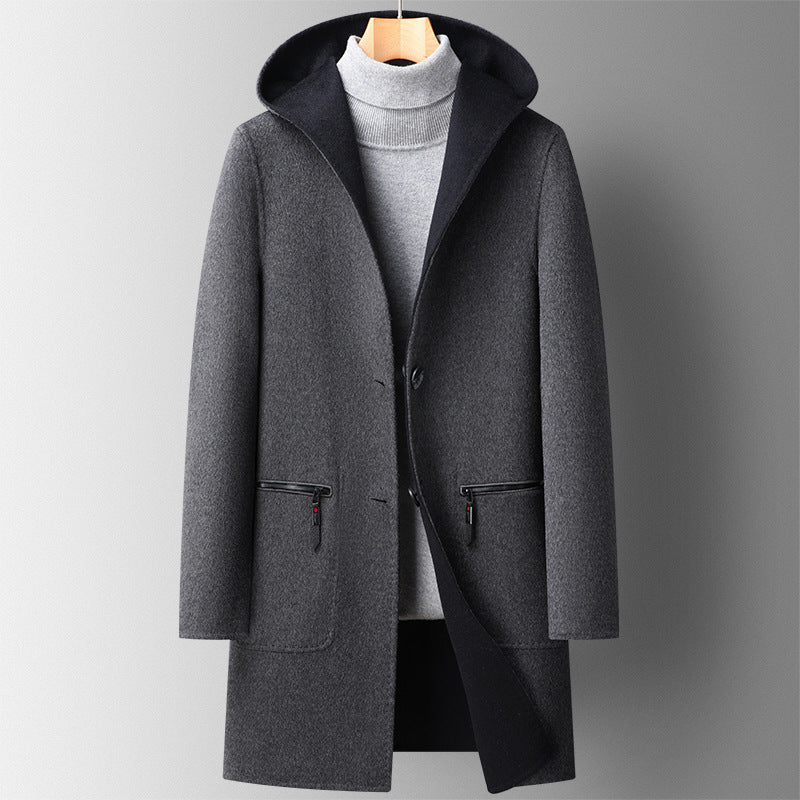 Fall Winter Hooded Double-sided Wear Wool Men's Mid-length Overcoat