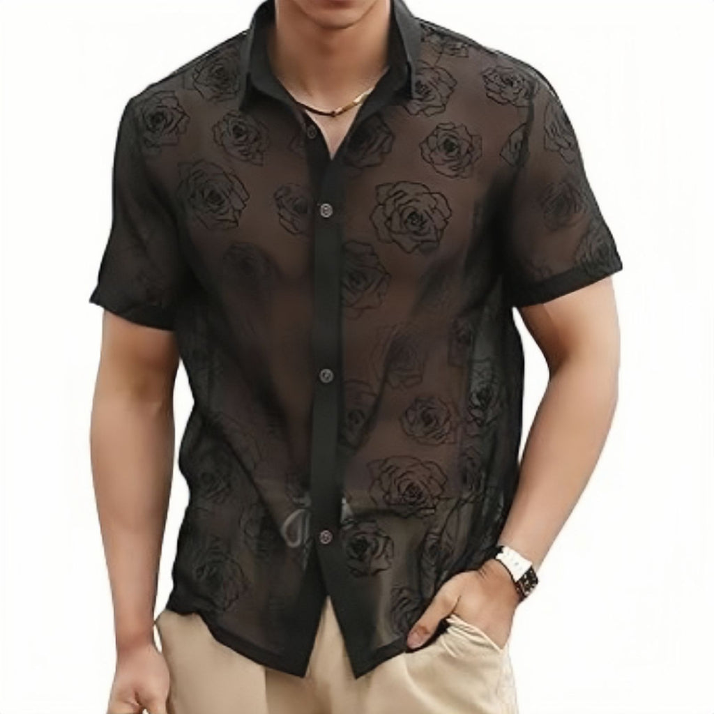 Men's Rose Flower Mesh See-through Button Short Sleeve shirt
