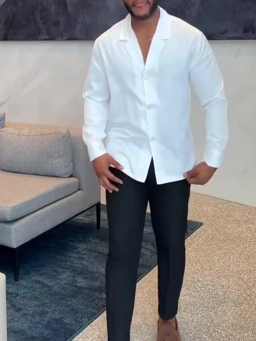 White Long -Sleeve Notch-lapel Button-down Shirt