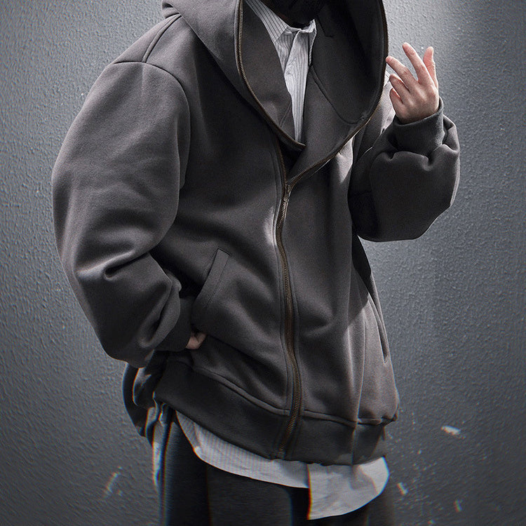 Oblique Zipper Hooded Cardigan Sweater Baggy Coat