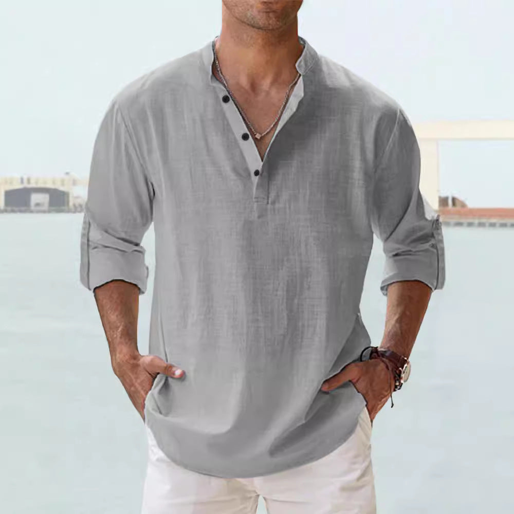 Men's Linen Stand-up Collar Long Sleeve shirt