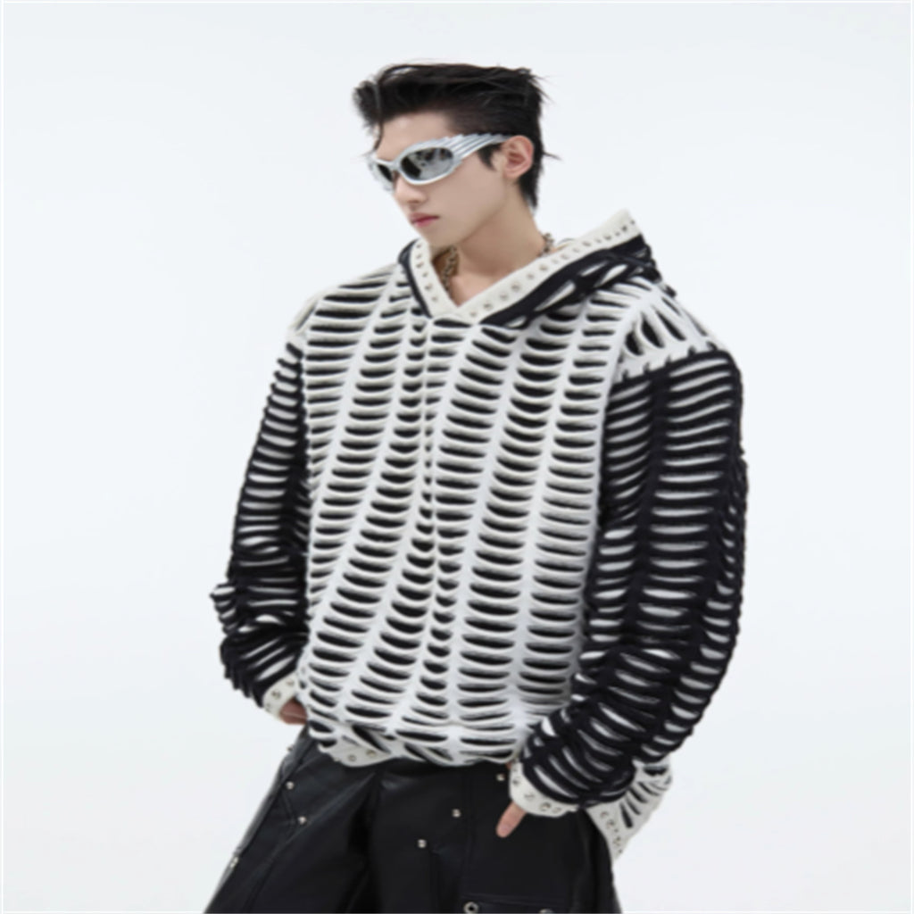 Contrast Color Knitted Hooded Sweatshirt With Metal Rivets