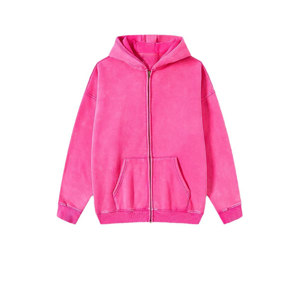 Washed Hooded Cardigan Vintage Fleece-lined Double Zipper Sweater