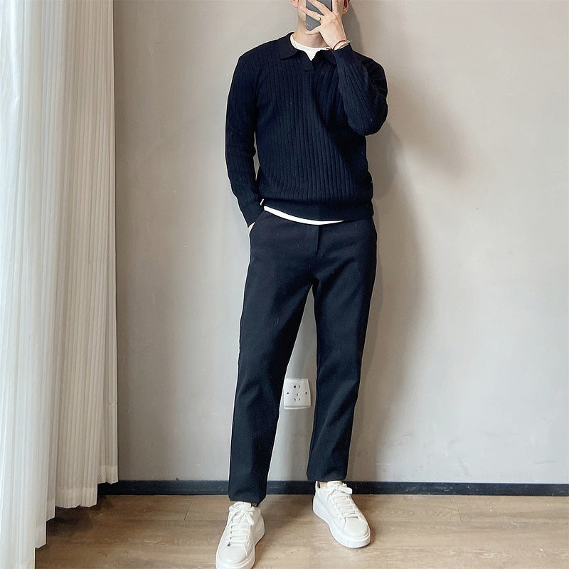 Lightly Mature Spring And Autumn Stripes Lapel Loose Elastic Knitted Sweater