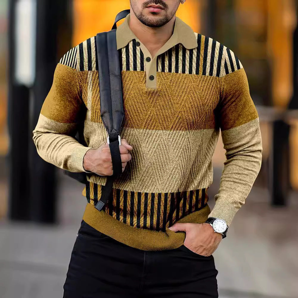 Men's Digital Printing Lapel Button Casual sweater