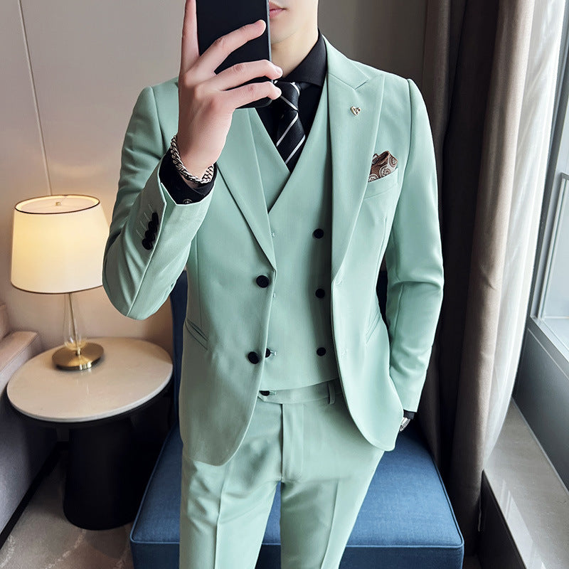 Slim Korean Style Double Buckle Solid Color Light Business Spring Striped Suit Jacket