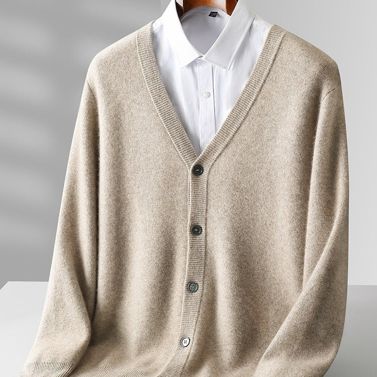 Pure Wool Cardigan Men's V-neck Solid Color Long Sleeve sweater