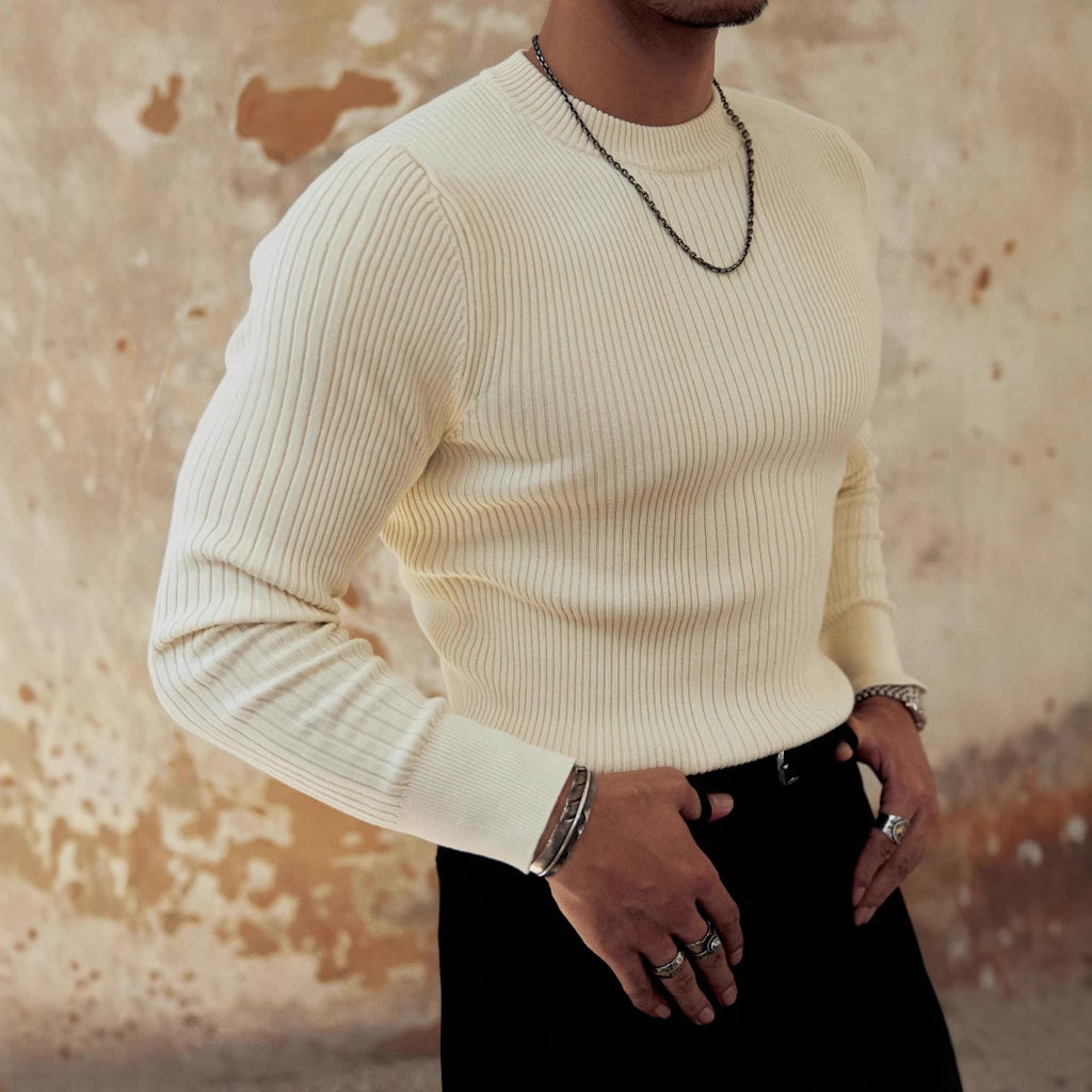 Men's Round Neck Solid Color Striped Long-sleeved Sweater