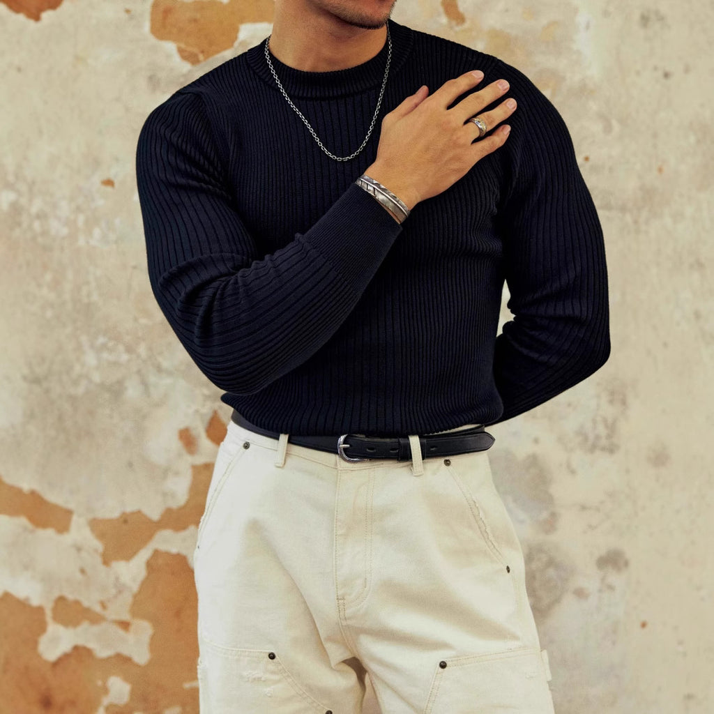 Men's Round Neck Solid Color Striped Long-sleeved Sweater