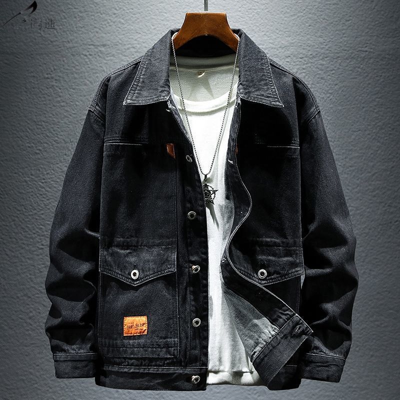 High-grade Black And Gray Denim Coat