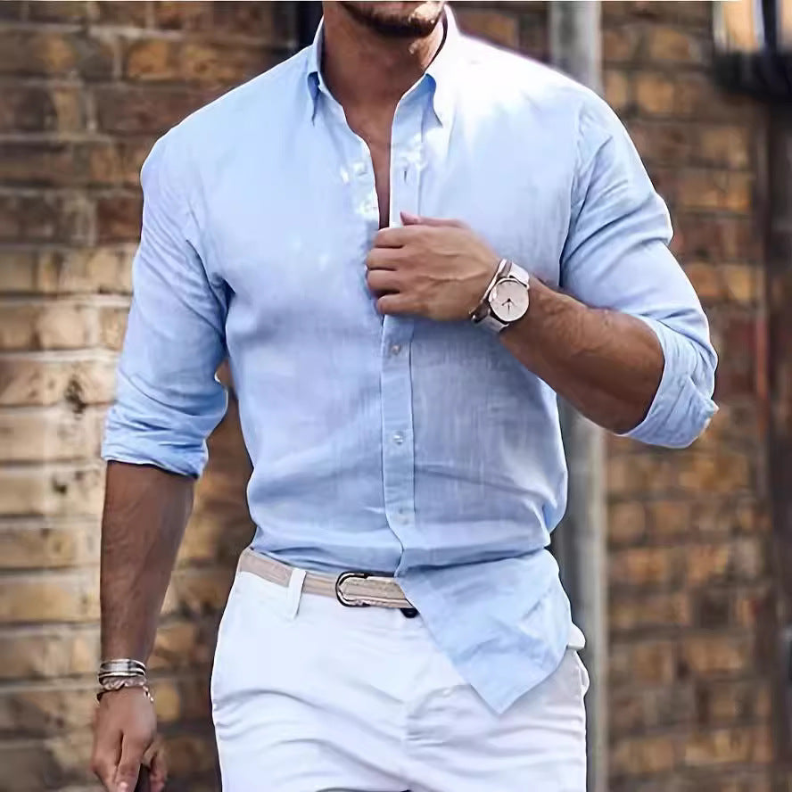 Cotton Solid Color Polo Collar Casual Style Shirt