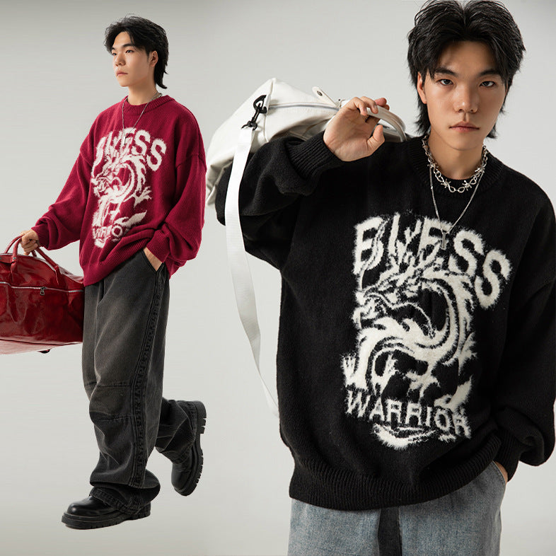 Couple Dragon Year Theme Round Neck Brocade Sweater