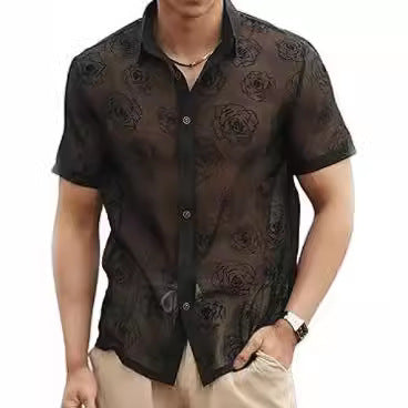Men's Rose Flower Mesh See-through Button Short Sleeve shirt