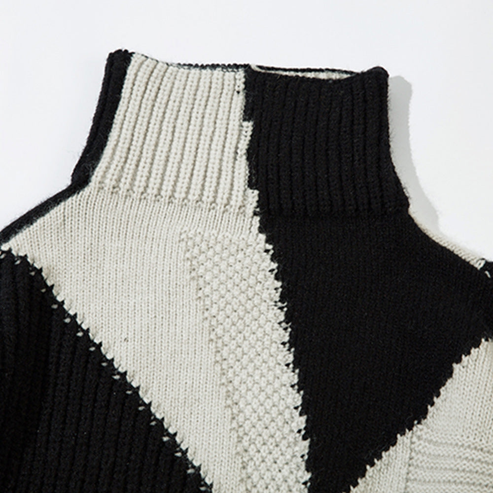 Patchwork Contrast Color Irregular Turtleneck Sweater