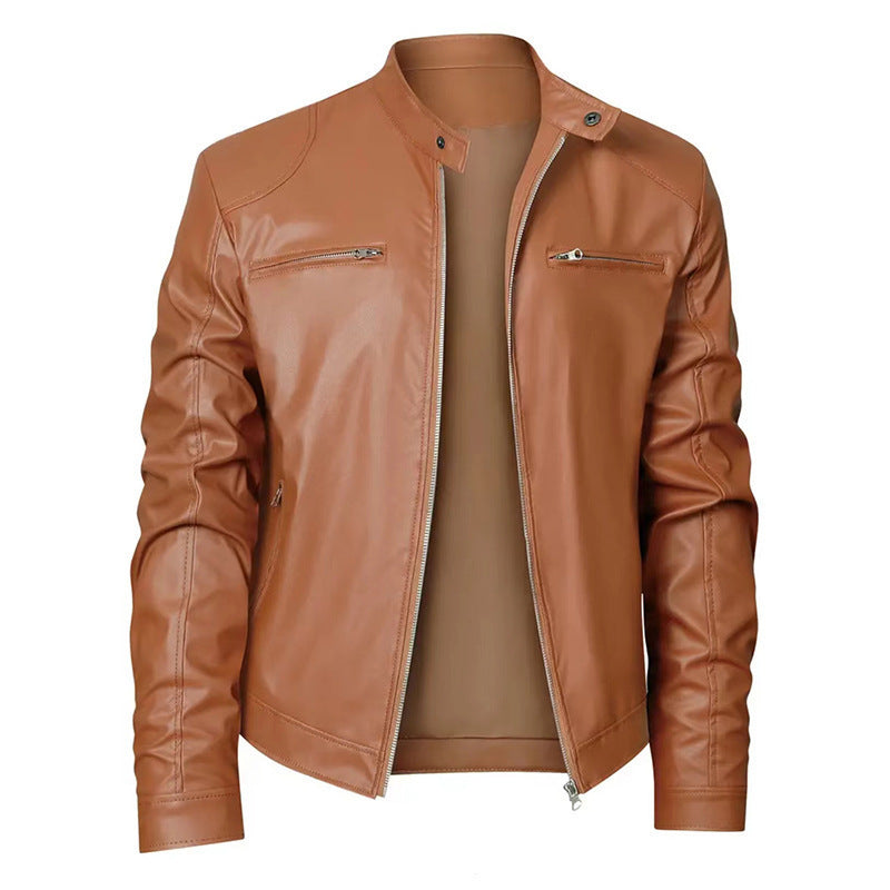 Men's Stand-up Collar Slim Fit Leather Zipper jacket