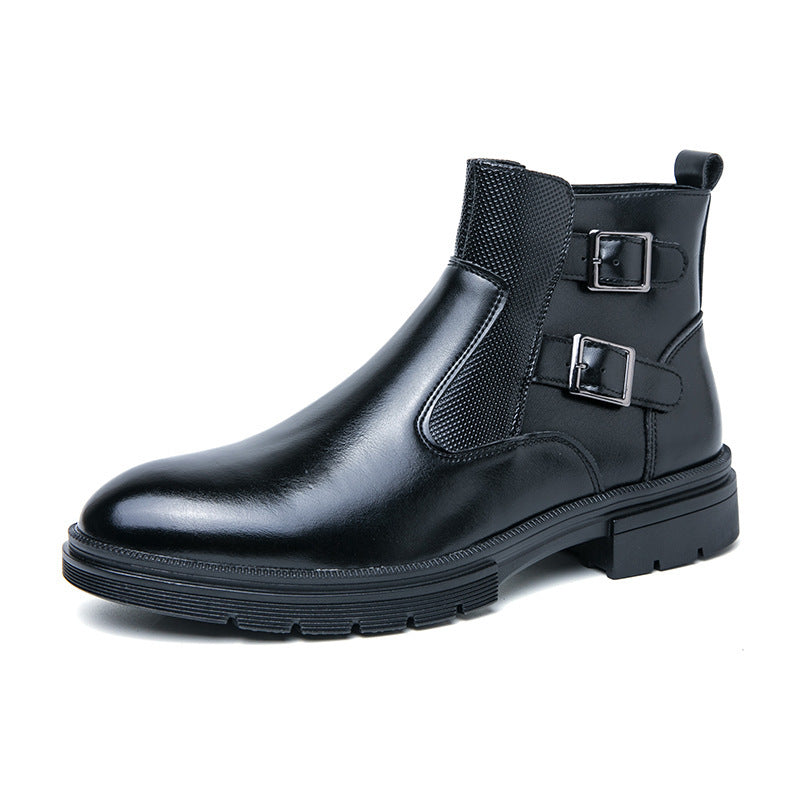 High-top British Double Buckle Slip-on Leather Boots