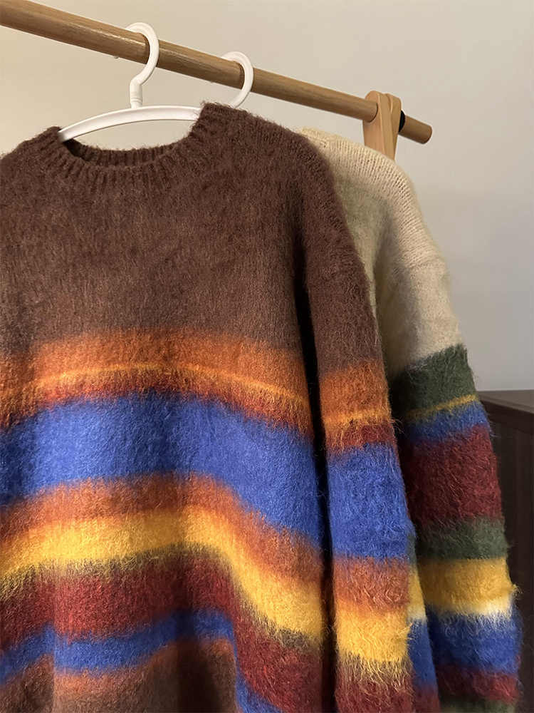 Retro Loose Striped Contrast Color Design Round Neck Sweater