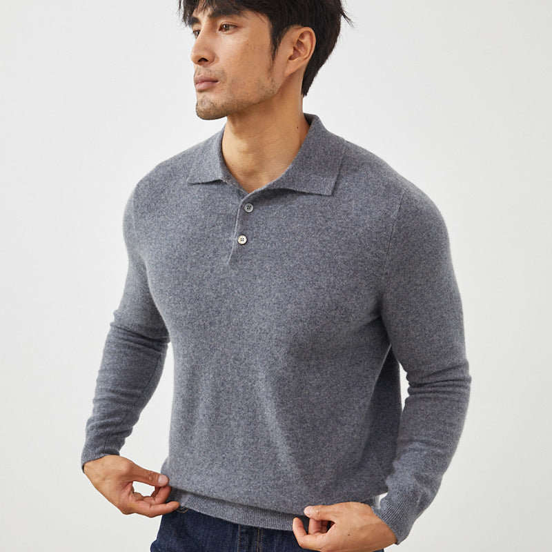 Pure Cashmere Men's Polo Collar Pullover Short Sweater