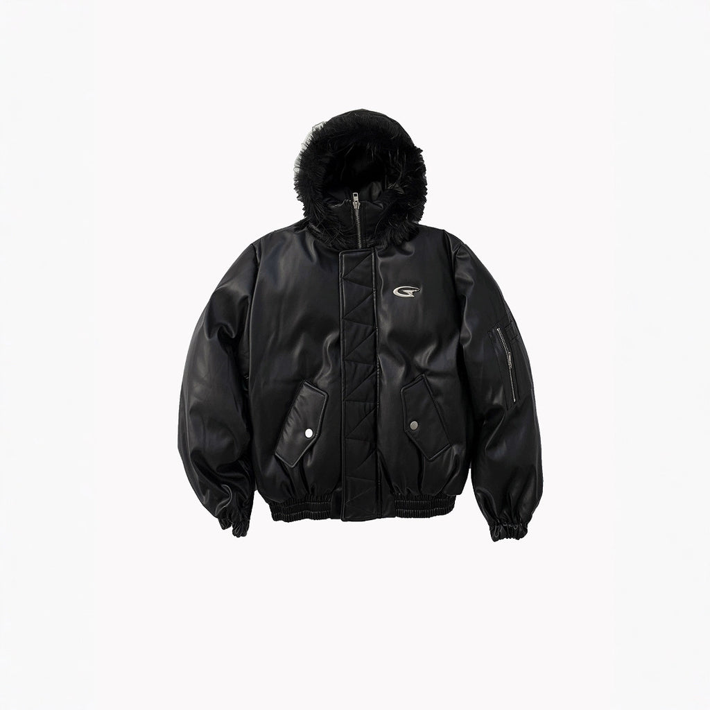 PU Leather Hooded Cotton Coat Jacket