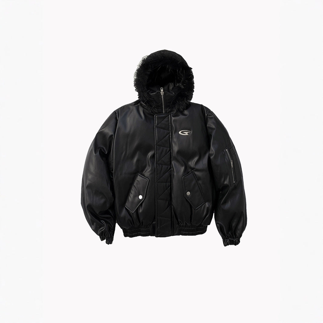 PU Leather Hooded Cotton Coat Jacket