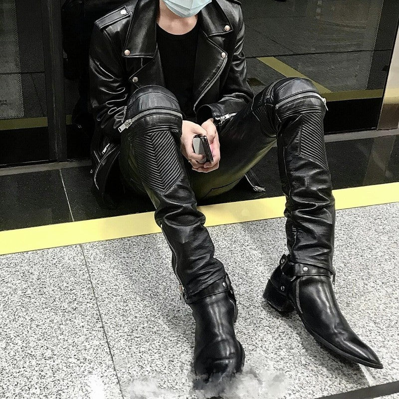 Tide Niche Casual Zipper Sheepskin Leather Slim Fit Pants