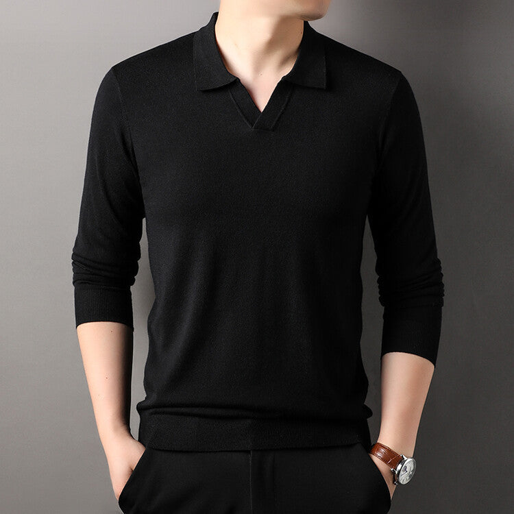Spring And Autumn Long Sleeve Worsted Thin Lapels T-shirt Sweater