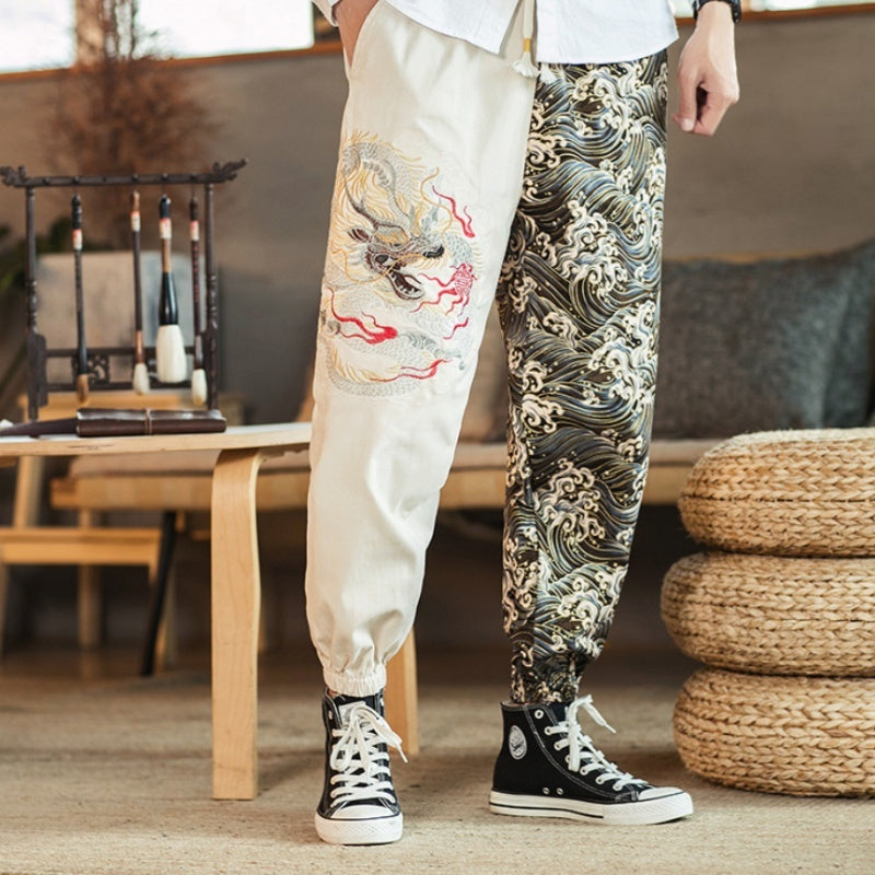 Embroidered Silver Dragon Casual Versatile Trousers