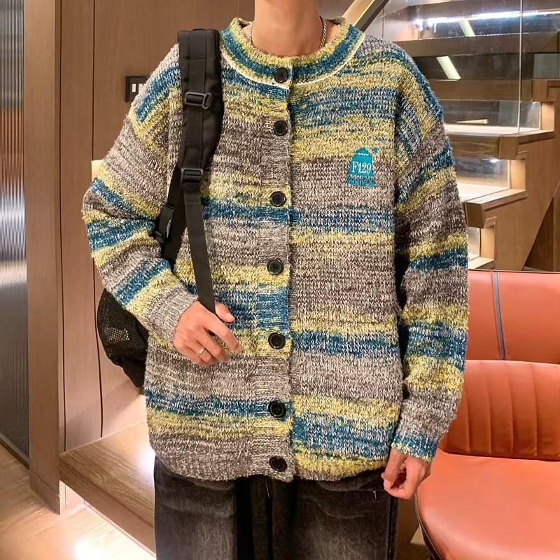 Gradient Contrast Cardigan Sweater Men