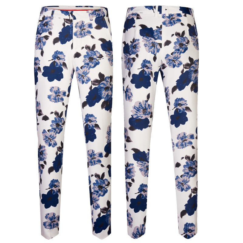 Printed Men's Suit Set Blue Flower Performing Costumes