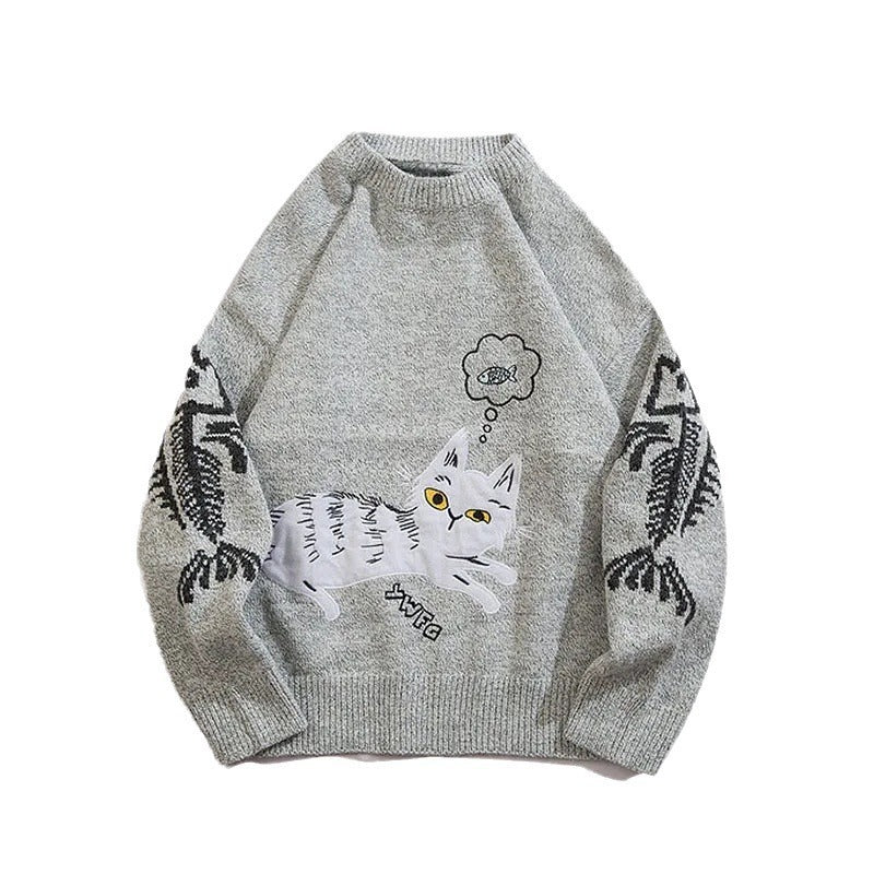 Cartoon Cat Couple Round Neck Long Sleeve Knitwear Sweater