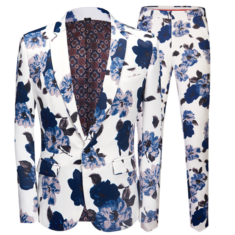 Printed Men's Suit Set Blue Flower Performing Costumes