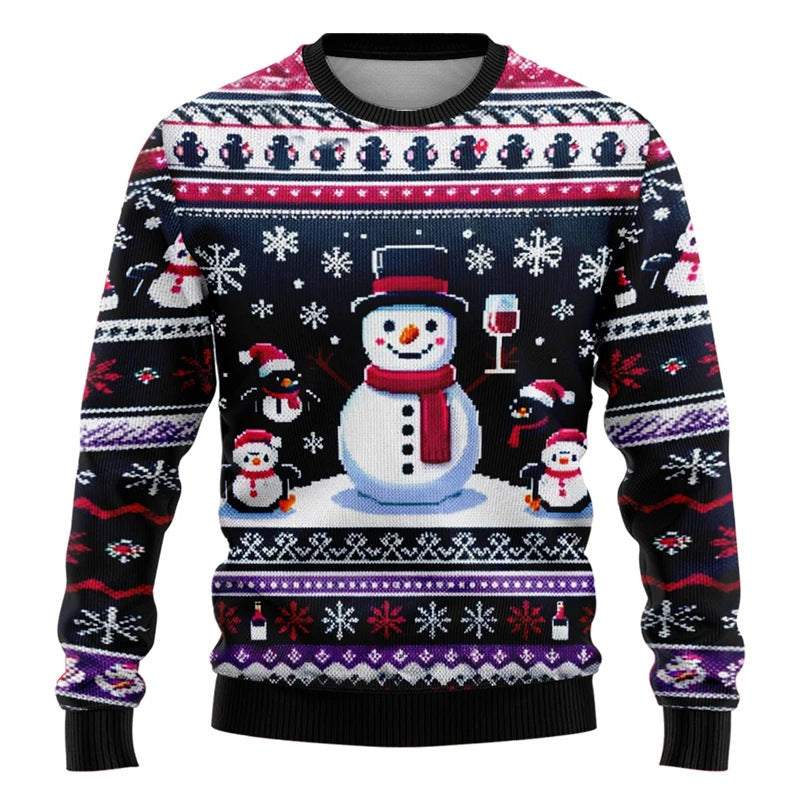 Christmas Snowman Elderly Printed Holiday Party Round Neck Sweater