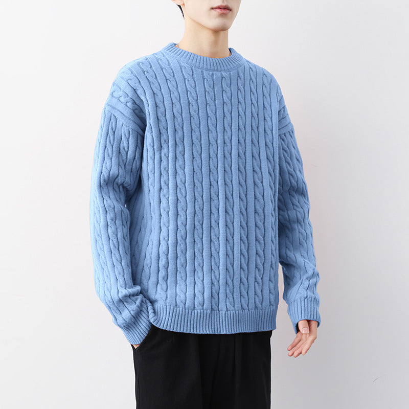 Men's Thick Solid Color Loose Round Neck Twisted Sweater