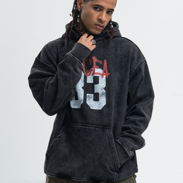 Retro Digital Printing Washed Old Hooded Fleece Lined Sweater Men