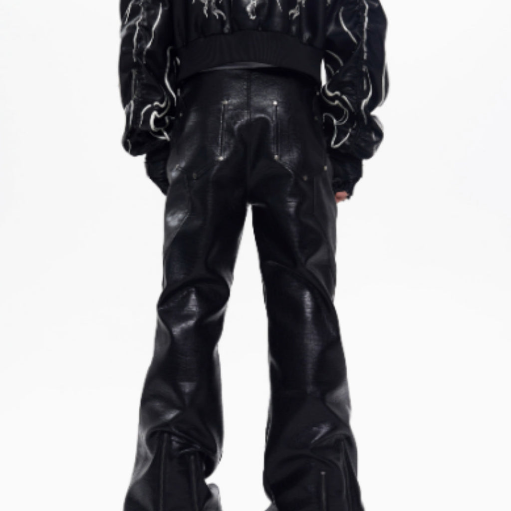 Zipper Design Micro Pull Up Leather Pants For Men