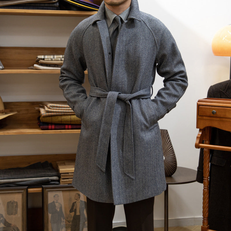 Japanese Leisure Mid-length Herringbone Wool Slim Fit trench Coat