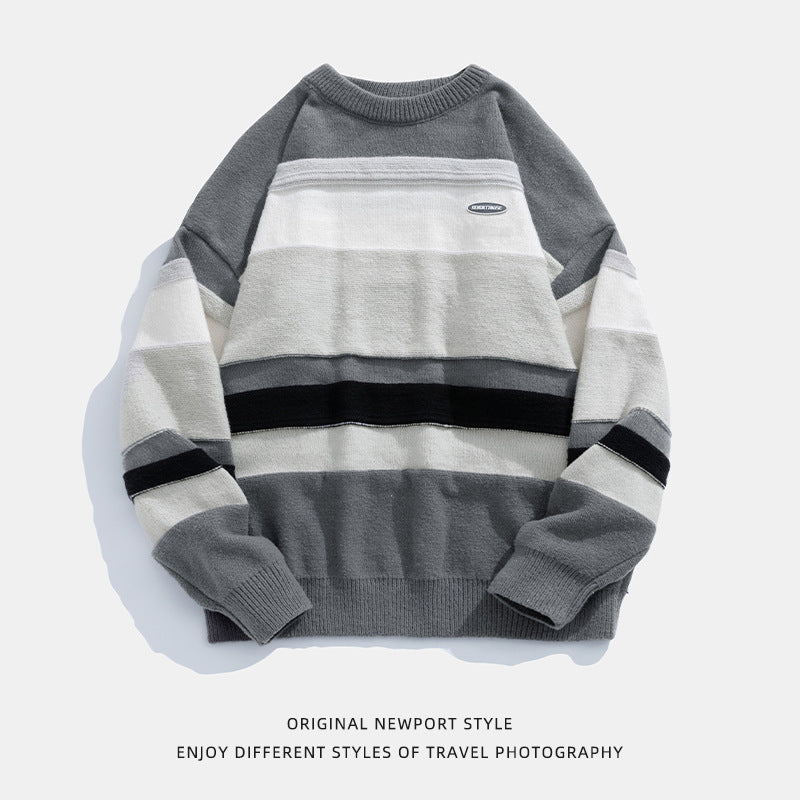 Japanese Style Men's Vintage Stripe Round Neck Sweater