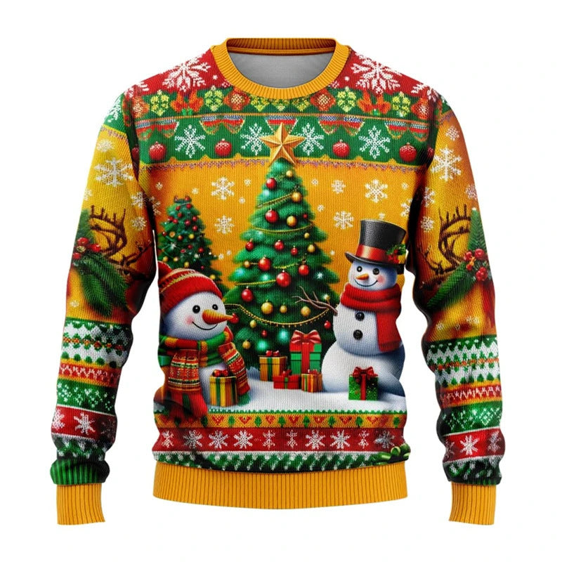 Christmas Snowman Elderly Printed Holiday Party Round Neck Sweater