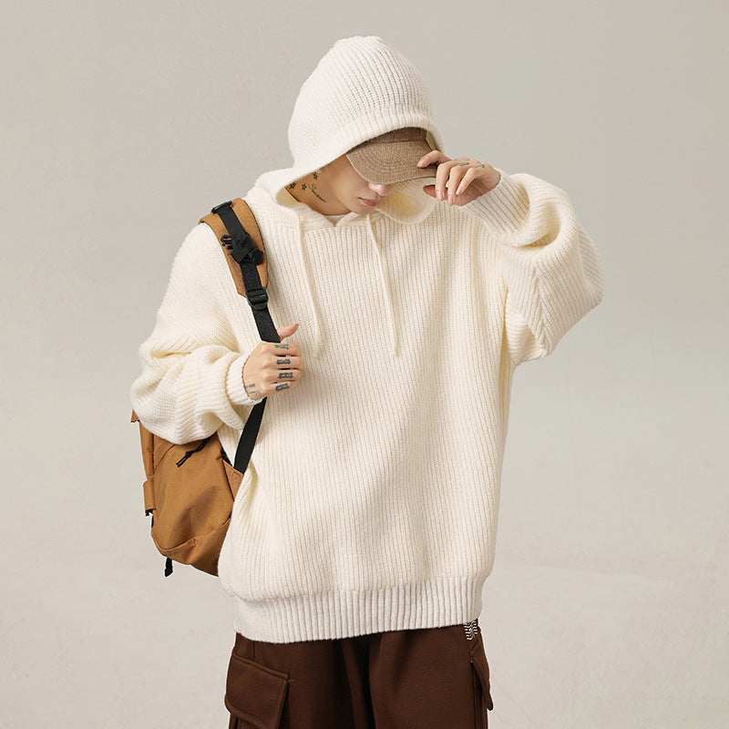 Japanese Loose Solid Color Hooded Idle Style Adjustable sweater