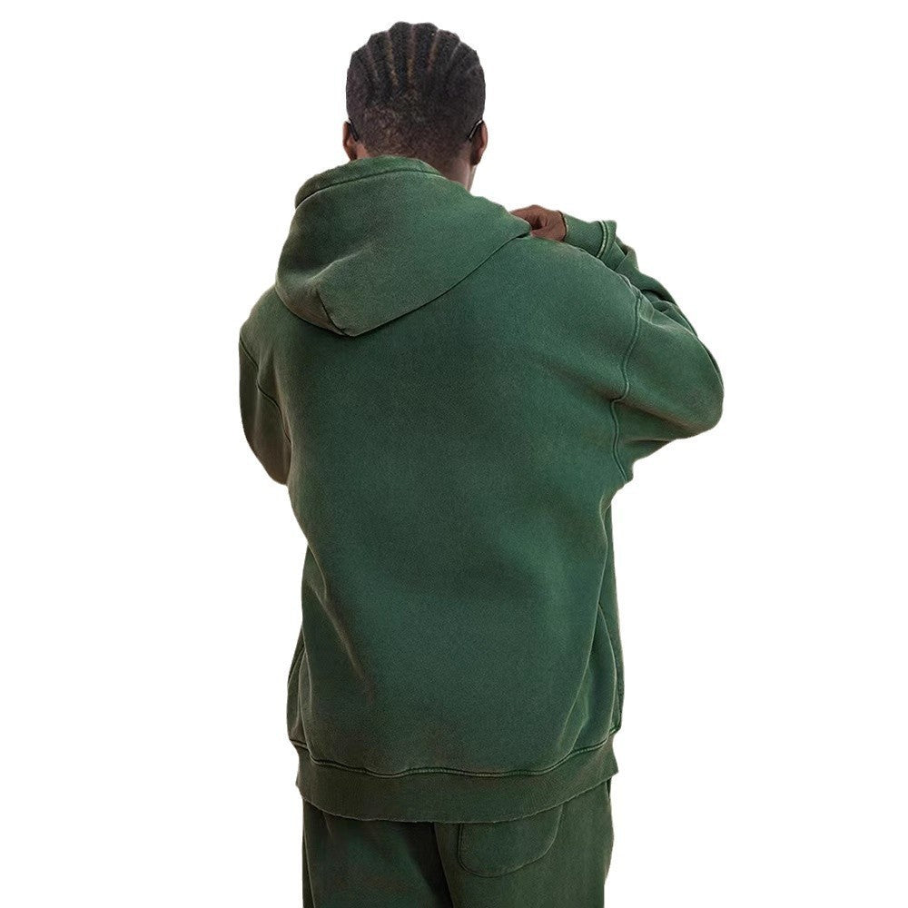 Washed Hooded Cardigan Vintage Fleece-lined Double Zipper Sweater